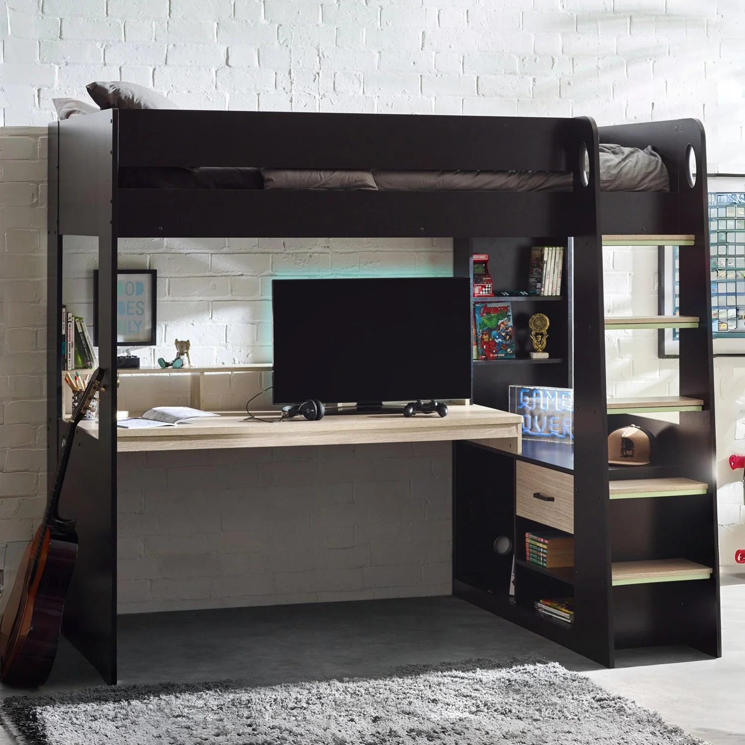 Brooke Gaming Highsleeper Bed Black And Pale Wood - Image 2